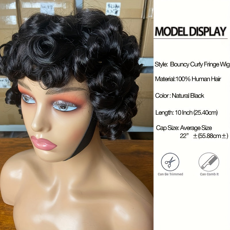 Short Bob Afro Loose Curl Wig With Bangs, 100% Human Hair Pixie Cut Wig, Bouncy Curls Put On And Go Wigs For Women No Lace Front Big Curly Wig 150% Density 10 Inch