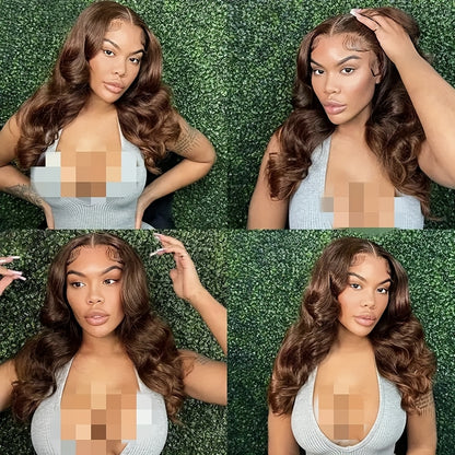 Chocolate Brown Body Wave Lace Front Wig Human Hair Swiss HD Lace Frontal Wig Pre Plucked With Ear To Ear Baby Hair #4 Colored Brazilian Long Loose Wave Wig Chestnut Brown Wig