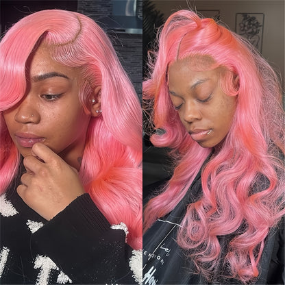 Hot Pink 13x4 HD Transparent Lace Front Human Hair Wigs Candy Pink Color Body Wave Wig Human Hair Pre Plucked With Baby Hair Brazilian Virgin Human Hair Wigs For Women Christmas Party Use