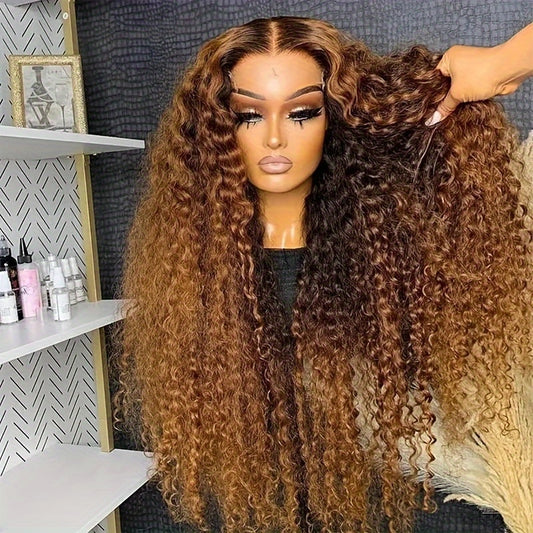 Glamorous Caramel Highlight 20-30" Lace Front Wig - 13x4 Brazilian Virgin Hair, Curly Ombre Honey Blonde Water Wave, 200% Density, Fluffy & Thick for Women