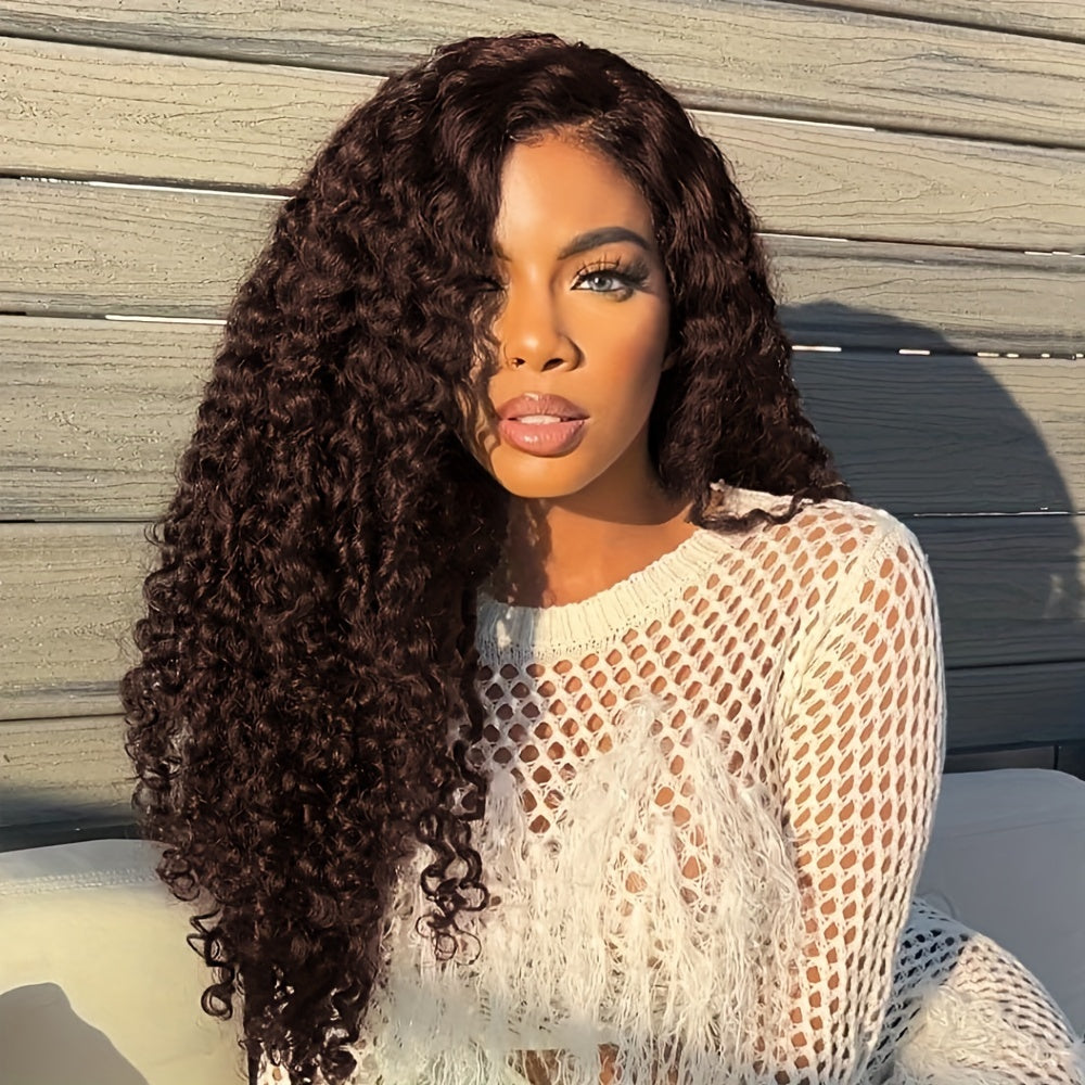 Luxurious 180% Density Brazilian Jerry Curly Wig for Women - Pre-Plucked with Natural Hairline, Transparent Lace Front, Deep Wave in Saddle Brown