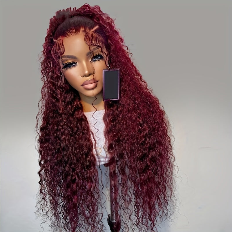 Glamorous BRYELLE 30" Deep Curly Burgundy Lace Front Wig - 200% Density, 13x4 HD Lace, Real Human Hair, Versatile & Natural Look for All Women