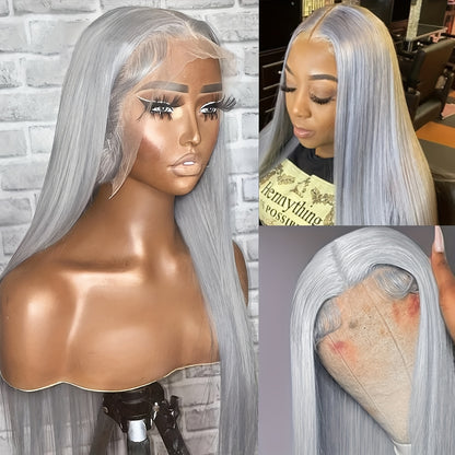 Elegant Silvery Grey Human Hair Wig for Women - Pre-Plucked 13x4 HD Transparent Lace Front, 24" Straight with Youngsters Hairs, 180% Density