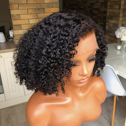 Luxurious 100% Human Hair Curly Wig with Natural Youngsters Hair - Transparent Lace Front, Pre-Plucked & Adjustable Cap, 180% Density, 14" Natural Black, Jerry Curls for Daily Use