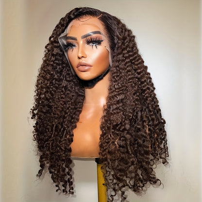 Luxurious 180% Density Brazilian Jerry Curly Wig for Women - Pre-Plucked with Natural Hairline, Transparent Lace Front, Deep Wave in Saddle Brown