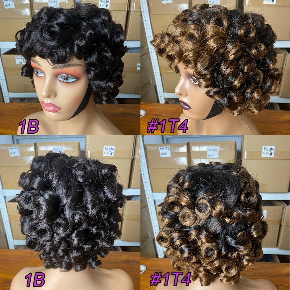 Loose Curly Brazilian Human Hair Wig With Bang For Women Curly Loose Wave Style, 250% Density, Full Machine Made, Non-Lace, Glueless Wigs, Easy To Wear 10inches 25.4cm