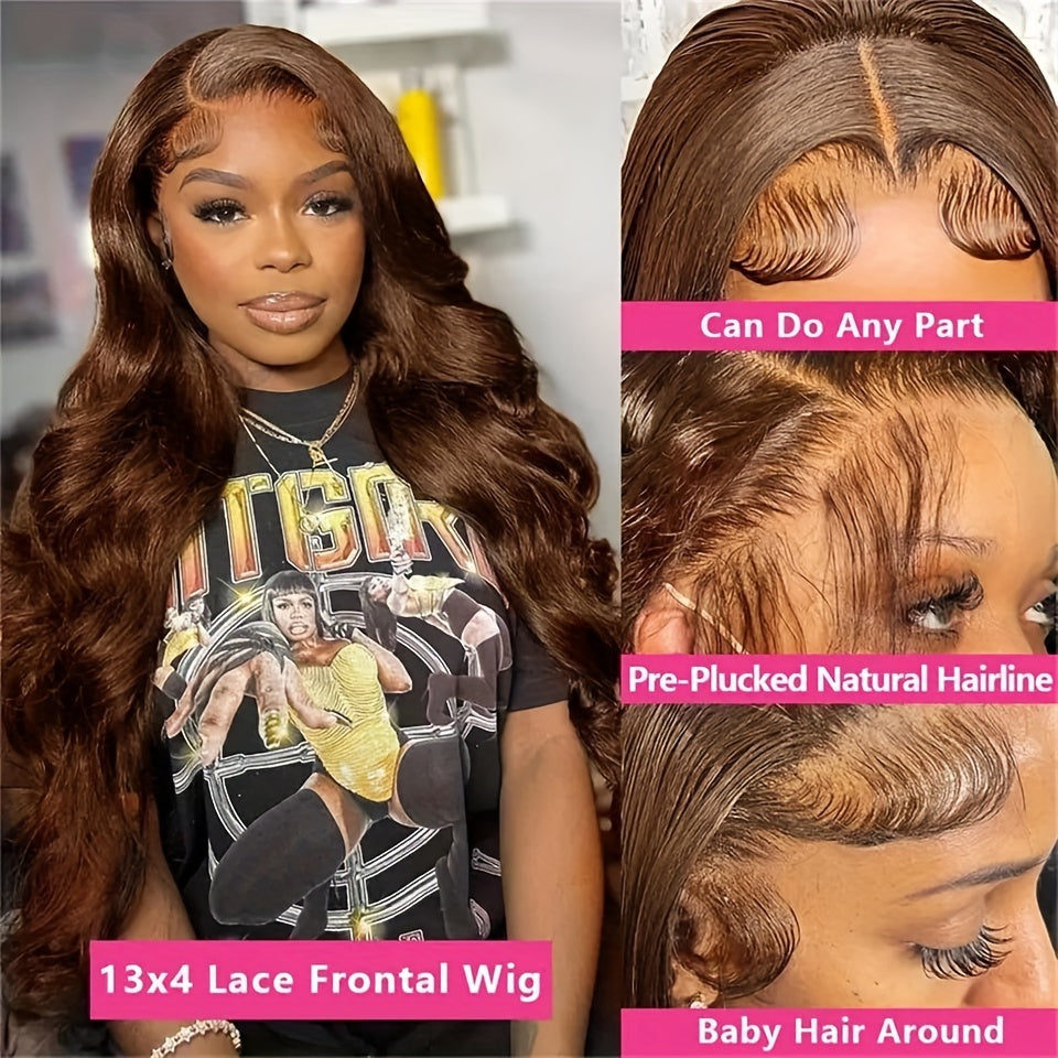 Chocolate Brown Body Wave Lace Front Wig Human Hair Swiss HD Lace Frontal Wig Pre Plucked With Ear To Ear Baby Hair #4 Colored Brazilian Long Loose Wave Wig Chestnut Brown Wig