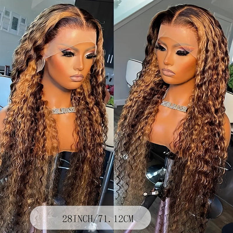 Glamorous Caramel Highlight 20-30" Lace Front Wig - 13x4 Brazilian Virgin Hair, Curly Ombre Honey Blonde Water Wave, 200% Density, Fluffy & Thick for Women