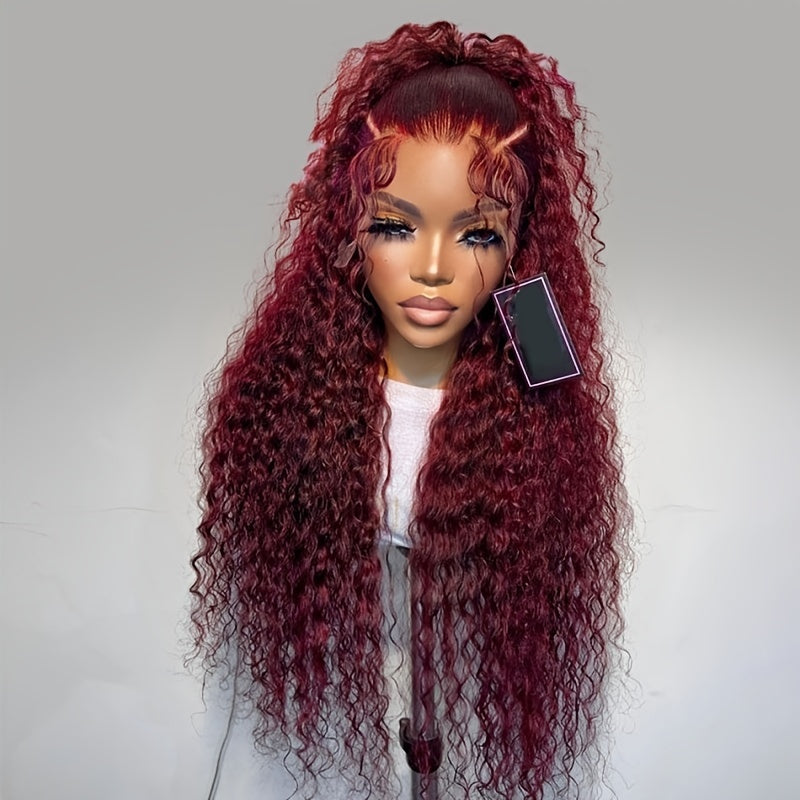 Glamorous BRYELLE 30" Deep Curly Burgundy Lace Front Wig - 200% Density, 13x4 HD Lace, Real Human Hair, Versatile & Natural Look for All Women