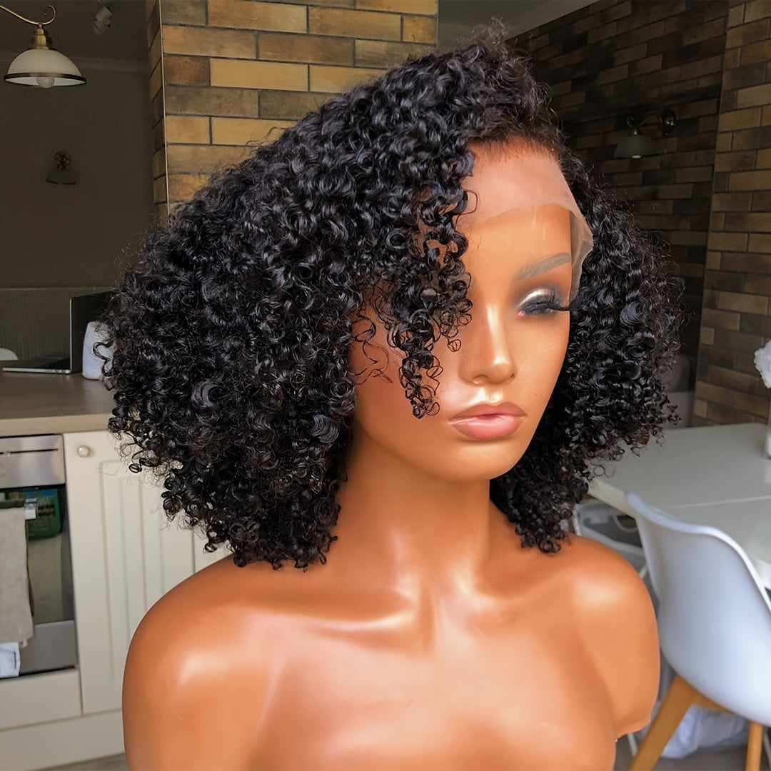 Luxurious 100% Human Hair Curly Wig with Natural Youngsters Hair - Transparent Lace Front, Pre-Plucked & Adjustable Cap, 180% Density, 14" Natural Black, Jerry Curls for Daily Use